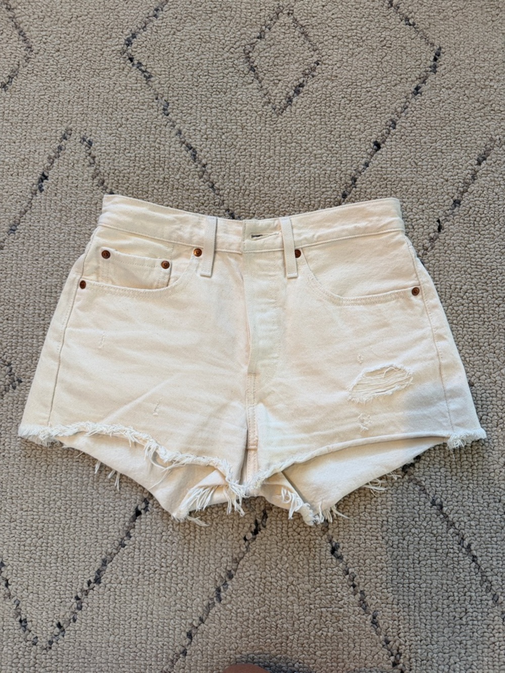 High-Rise White Distressed Denim Shorts